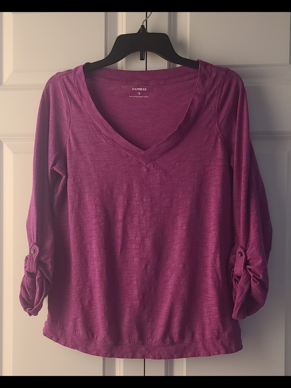 Express Women's Pink V-Neck Roll-Tab Long Sleeve Top